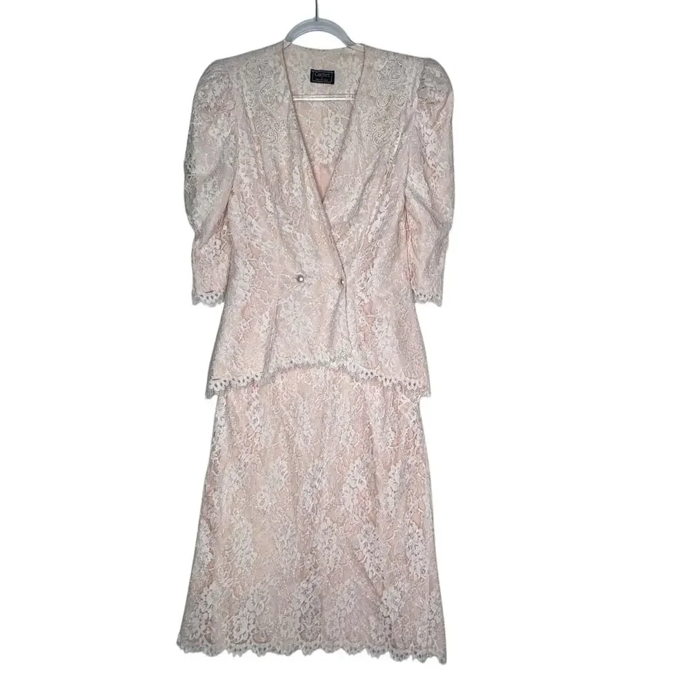 1980s Cachet Bari Protas Victorian Romantic Lace Peplum Suit Set USA Size 4